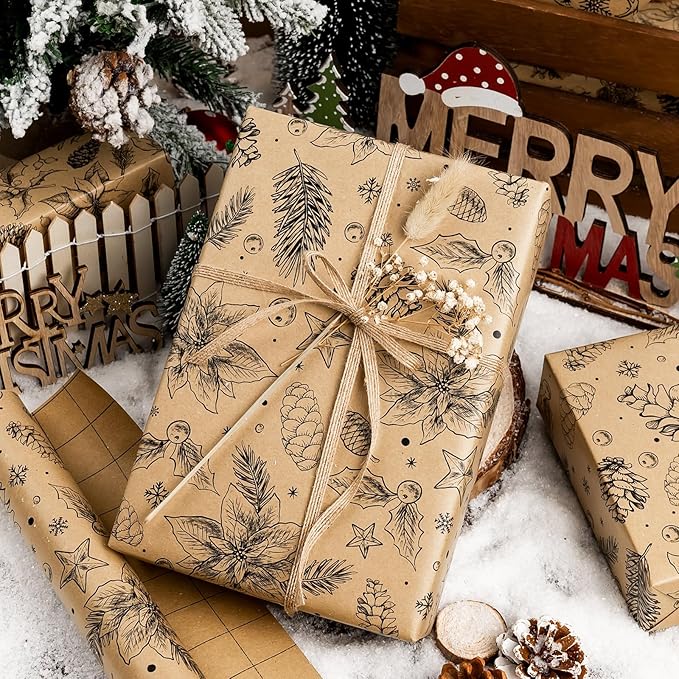 MAYPLUSS Kraft Christmas Wrapping Paper Jumbo Roll - 30 In X 120 In Per Roll - Vintage Brown Kraft Christmas Ornaments, Gingerbread Cookies, Pinecone & Deer Print Winter Gift Wrap for Rustic Holiday