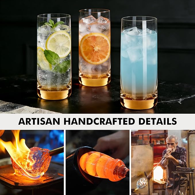 Amber Highball Glasses Set of 6,13oz Drinking Glass Cups for Mixed Drink Cocktail, Beer, Mojito, Water and Juice,Thick Tall Crystal Glassware for Kitchen, Restaurant, Home Bar and Parties