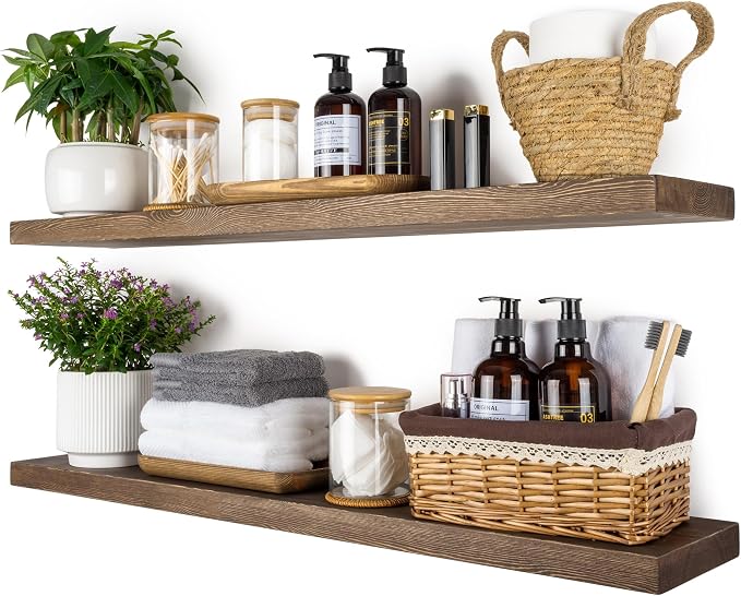 BGMG 36 inch Walnut Floating Shelves for Wall Set of 2, Solid Real Wood Rustic Mount Shelves for Living Room Bedroom Kitchen Farmhouse with Sturdy Hidden Bracket-36x 6.7 inch
