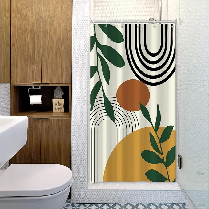 Boho Geometric Shower Curtain Beige Mid Century Abstract Arch Curve Bathroom Curtain Minimalistic Sun Shower Curtain Sets for Bathroom Extra Long 54x72 in with 10 Hooks