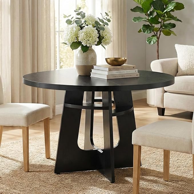 47" Round Dining Table for 4-6 Black, Farmhouse Wood Circle Dinner Table, Modern Wooden Circular Dinner Tables Easy Assembly for Dining Room/Kitchen/Living Room/Apartment (Table Only)