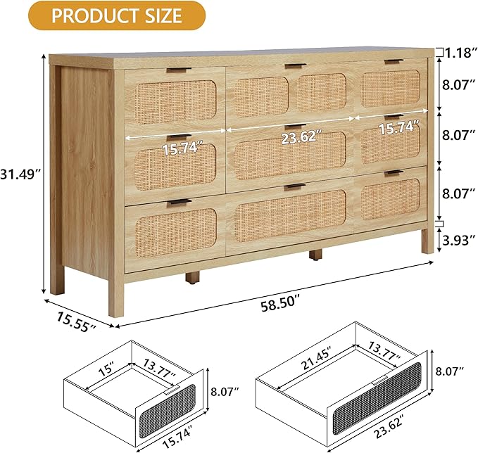 9 Drawer Dresser with Rattan Finish, Modern Farmhouse Chest of Drawers with Metal Handles, Accent Wood Dresser for Bedroom, Living Room (Natural)