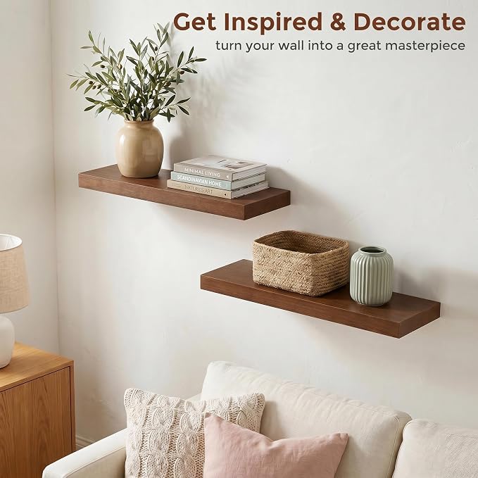 fuqing 20 Inch Floating Shelves | 6.7 Inch Deep Dark Wood Floating Shelves for Wall Set of 2 | 20''W x 6.7''D x 1.4''H Dark Wood Shelves for Living Room Bathroom Bedroom Kitchen Home Office
