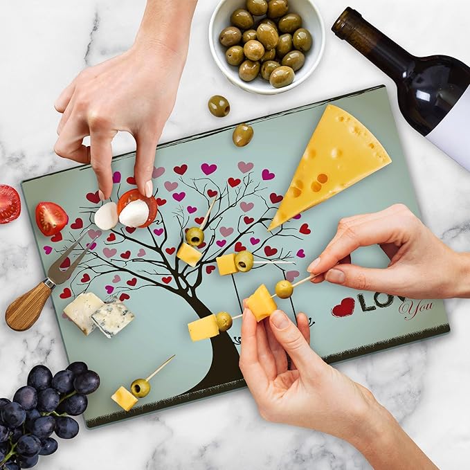Ambesonne Love Cutting Board, Heart Leaves on Tree with Birds in Love on a Swing Cartoon for Valentines Day, Decorative Tempered Glass Cutting and Serving Board, Large Size, Brown Red Pink