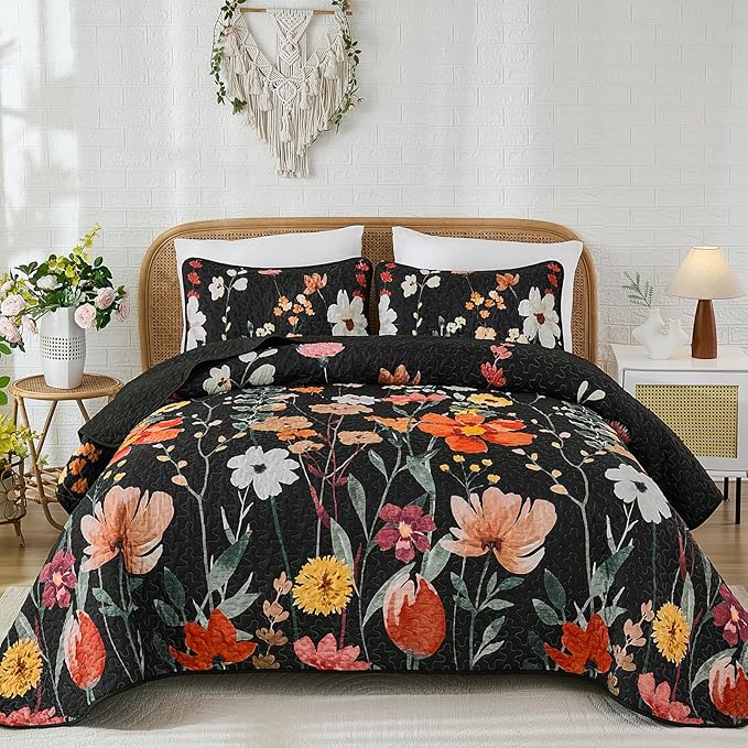 Anibedding Black Quilt Set King Size, Colorful Floral Bedspread with 2 Pillowcases, Soft Microfiber Lightweight Coverlet Bedding Set for All Season(104"x90")