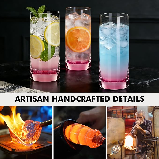 Pink Highball Glasses Set of 6,13oz Pink Drinking Glass Cups for Mixed Drink Cocktail, Beer, Mojito, Water and Juice,Thick Tall Crystal Glassware for Kitchen, Restaurant, Home Bar and Parties