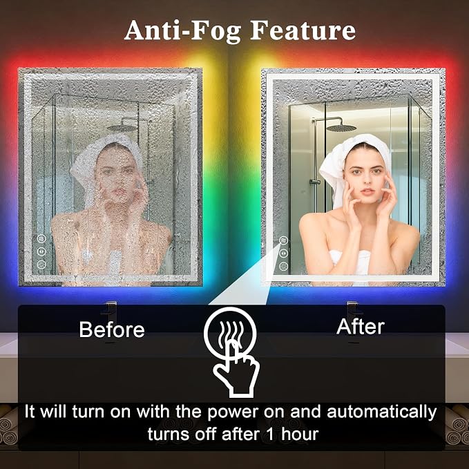 WTTY LED Bathroom Mirror 40"x30" with RGB Backlit and Front Light,Stepless Dimmable LED Mirror for Bathroom,Lighted Bathroom Vanity Mirror,Anti-Fog,Memory Function,Shatter-Proof,Wall Mounted