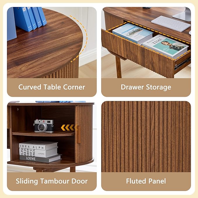 ORRD Home Office Oval Desk with Sliding Tambour Door and Drawer, Modern Fluted Wood Executive Computer Storage Desk for Study, Living Room, Bedroom, Office - Walnut