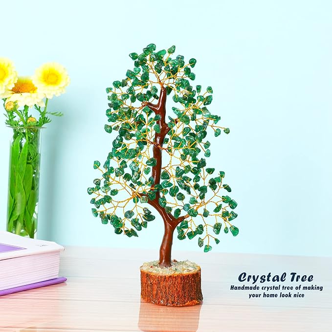 Healing Crystal Money Trees Feng Shui Gift Handmade Reiki Crystals & Stone Home Office Table Décor Good Luck Throat Chakras (Green Aventurine Golden Wire)