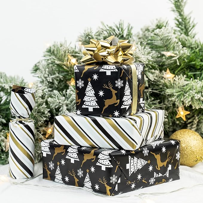 MAYPLUSS Christmas Reversible Wrapping Paper - Mini Roll - 17 Inch X 32.8 Feet- Black Gold Reindeer Design (47.3 sq.ft.ttl)