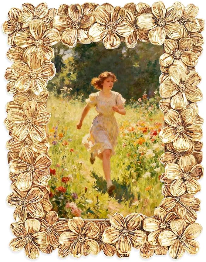 Floral Photo Frame 4x6, Gold Vintage Picture Frames with Carved Flower, Resin Picture Frame with Glass Front, Photos Display for Tabletop or Wall Hanging, Ornate Handmade Photo Frames, Gift Ideas