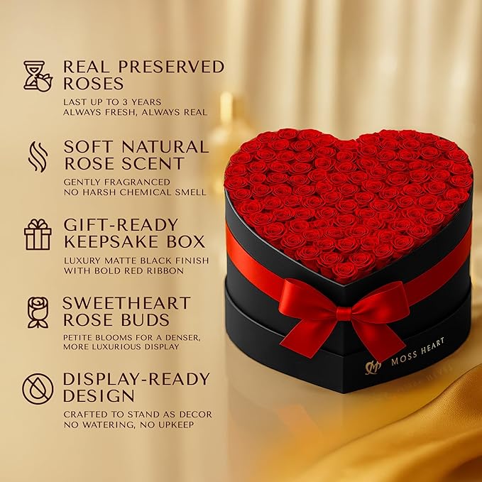 100 Preserved Roses, Forever Flowers for Delivery in Designer Heart-Shaped Box, Petite Long-Lasting Buds for Women, Eternal Rose Bouquet for Mothers Day, Girlfriend's Birthday