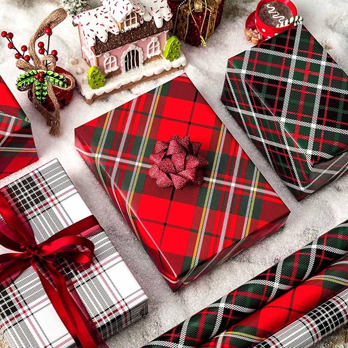 MAYPLUSS Christmas Wrapping Paper Roll - Mini Roll - 17.3 inch X 120 inch Per roll - 3 Different Red & Black Plaid Design (43.2 sq.ft.ttl)