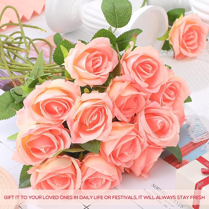 Jexine 50 Pcs Artificial Rose Flower Bulk Realistic Silk Fake Roses with Long Stem Plastic Artificial Flower Bouquet Real Looking for Home Wedding Centerpieces Party Decoration(Champagne)