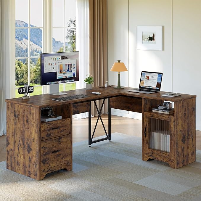 Bestier Farmhouse L Shaped Desk with Drawers, 63" x 47" Office Computer Desk with Charging Station & Fluted Storage Cabinet, Corner Desk with File Drawers, Modesty Panel for Home Office, Rustic Brown