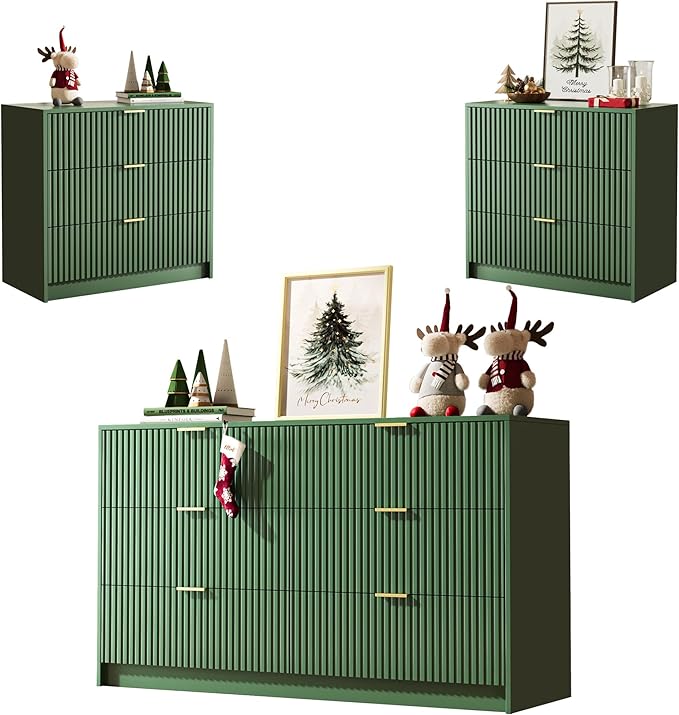 3-Piece Dresser Bedroom Set, 6 Drawer Dresser & 3 Drawer Nightstands with Gold Handles, Fluted Wood Chest of Drawers for Bedroom, Living Room, Entryway, Green