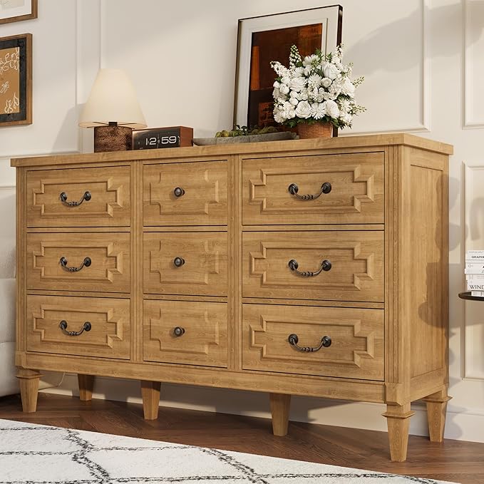 BLANKSPACE 9 Drawer Dresser for Bedroom, 35.7" Tall Dresser & Chest of Drawers wtih Vintage Surface, Closet Storage Cabinet for Living Room, Hallway, Natural Oak