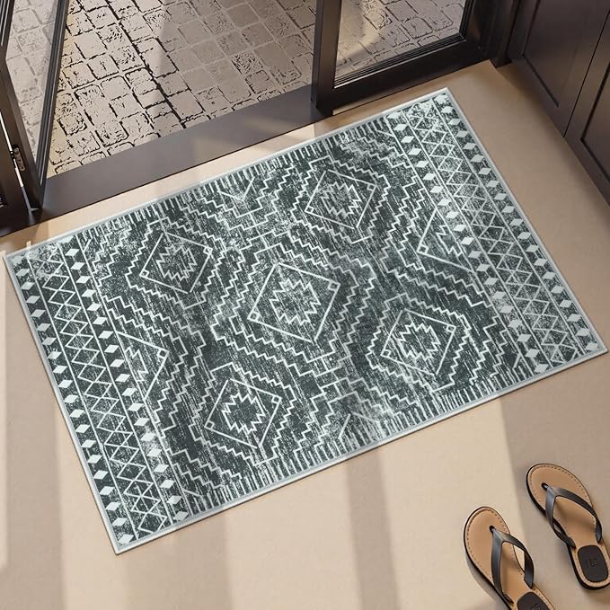 Wonnitar Moroccan Bathroom Rug,Washable 2x3 Small Bath Mat, Boho Tribal Soft Kitchen Sink Mat, Non-Slip Geometric Entry Way Rug, Low-Pile Indoor Carpet for Bedside Entrance Laundry (Dark Grey,2'x3')