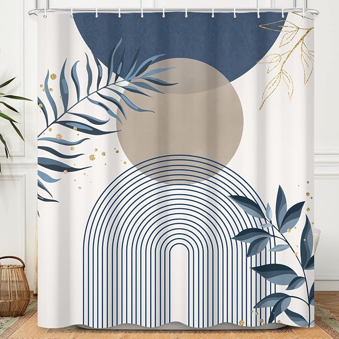 Boho Mid Century Shower Curtain, Navy Blue Modern Minimalist Abstract Geometric Gold Plant Leaves Sun Arch Bathroom Curtains Waterproof Fabric Buthtub Curtain Set with Hooks 72" Wx84 L