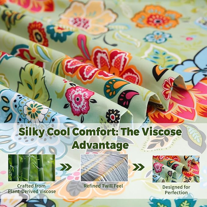 Bedlifes Queen Floral 4-Piece Sheet Set - Cooling Sheets Blend Rayon Derived from Bamboo,Soft & Breathable, Deep Pocket 16", Wrinkle Resistant - Vibrant Boho Floral Sage Green
