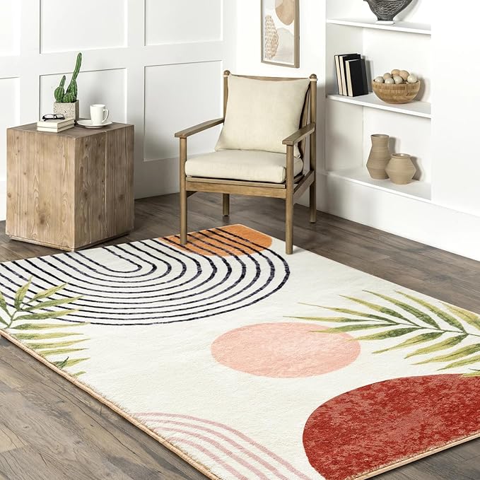 RoomTalks Mid Century Modern Washable Rug, Boho Cute Aesthetic 9x12 Area Rugs Large Carpet for Bedroom Dining Living Room Entryway Office, Contemporary Abstract Leaves Thin Pile Accent Indoor Rug