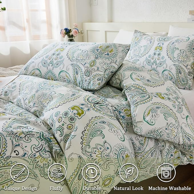 100% Cotton Floral Duvet Cover Queen - Green Paisley Comforter Cover 3-PC, Soft & Breathable Bedding Duvet Cover Sets with Zipper Closure & Corner Ties, Retro Duvet Cover Sets