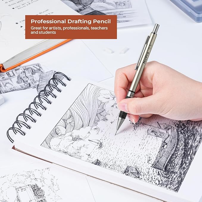 Nicpro 0.5 mm Art Mechanical Pencils Set in Case, 6 PCS Metal Drafting Pencil Lead Pencil 0.5mm with 6 Tube HB Lead Refills, 3 Erasers, 18 PCS Eraser Refills for Artist Writing, Drawing, Sketching