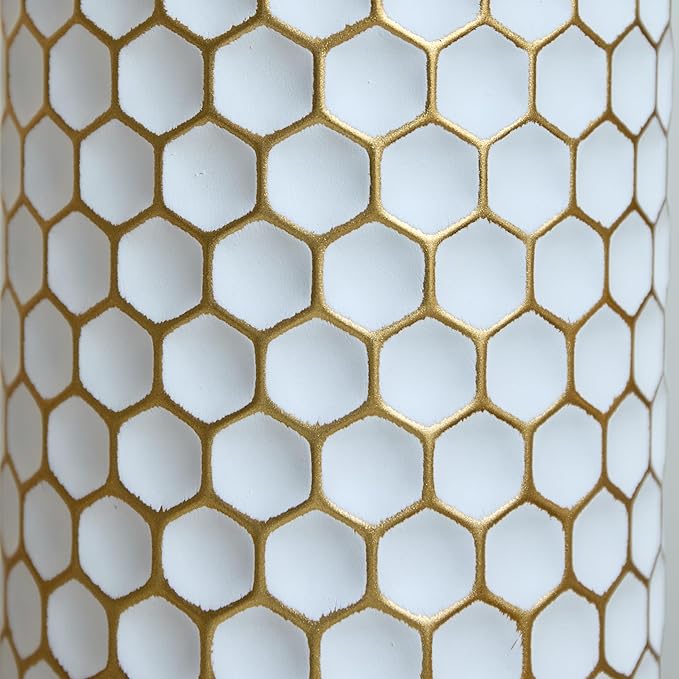 Metal Floor Vases Decorative, Set of 3 Flower Arrangement Stand, Gold＆White Hexagon Metal Floor Vases for Living Room, Bedroom & Entryway, 32.6", 28.34", 24" H (Gold＆White Hexagon)
