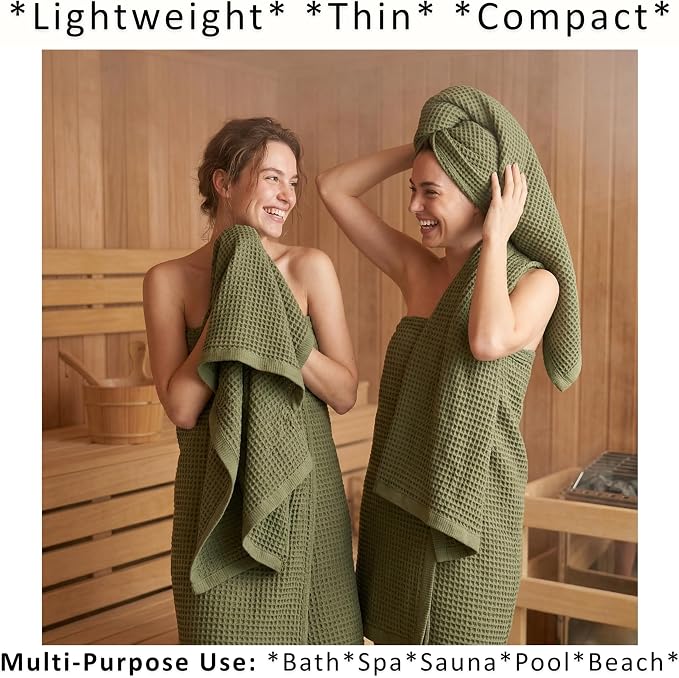 PÜSKÜL Natural 100% Turkish Cotton Waffle Bath Towels Set of 2-Piece | 32x63 inch Extra Large Absorbent Quick-Dry Lightweight Spa Towel | Honeycomb Weave Towel (Khaki Green Bath Towels - Pack of 2)