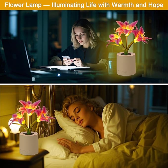WSYEAR Pink Morning Glory Flowers Table Lamp, Charging Dimmable Cordless Artificial Flower Night Light, Bedroom Office Decor Night Light, Christmas Birthday Gifts for Women Mom