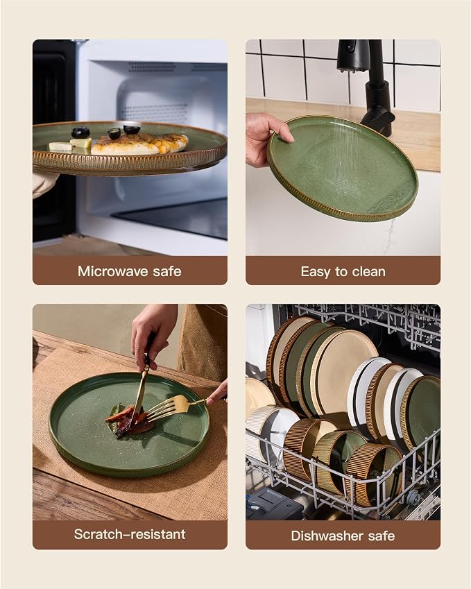 Stoneware Plates and Bowls Dishes Sets Service for 6 (18-Piece), Famiware Premium Handcrafted Reactive Glaze Dinnerware Set with Raised Rim, Scratch Resistant, Microwave Dishwasher Safe, Moss