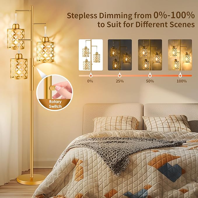 Dimmable Floor Lamp, Farmhouse Standing Lamp with Elegant Metal Cage, Industrial Tall Tree Floor Lamps for Living Room, Bedroom, Study Room, Office, 3 x 800LM LED Bulbs Included, 72", Gold
