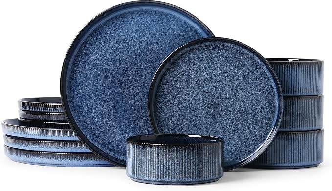 MONITO Ceramic Dinnerware Sets for 4, 12PCS Stoneware Plates and Bowls Sets, Reactive Glaze Dish Set, Chip and Scratch Resistant Double, Microwave and Dishwasher Safe, Dark Blue