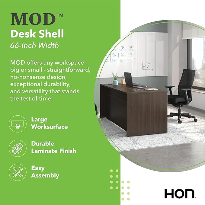HON MOD Executive Desk 66-Inch Large Computer Desk Shell, Thick Wooden Laminate, Modern Table with Cord Management, 66" W x 30" D x 29" H, Java Oak