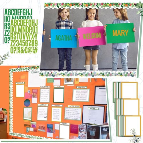 Sinload 92 Pcs Science Fair Board Supplies - 60 Trimmed Scalloped Poster Boards & 18 Presentation Titles | Green Plant Theme
