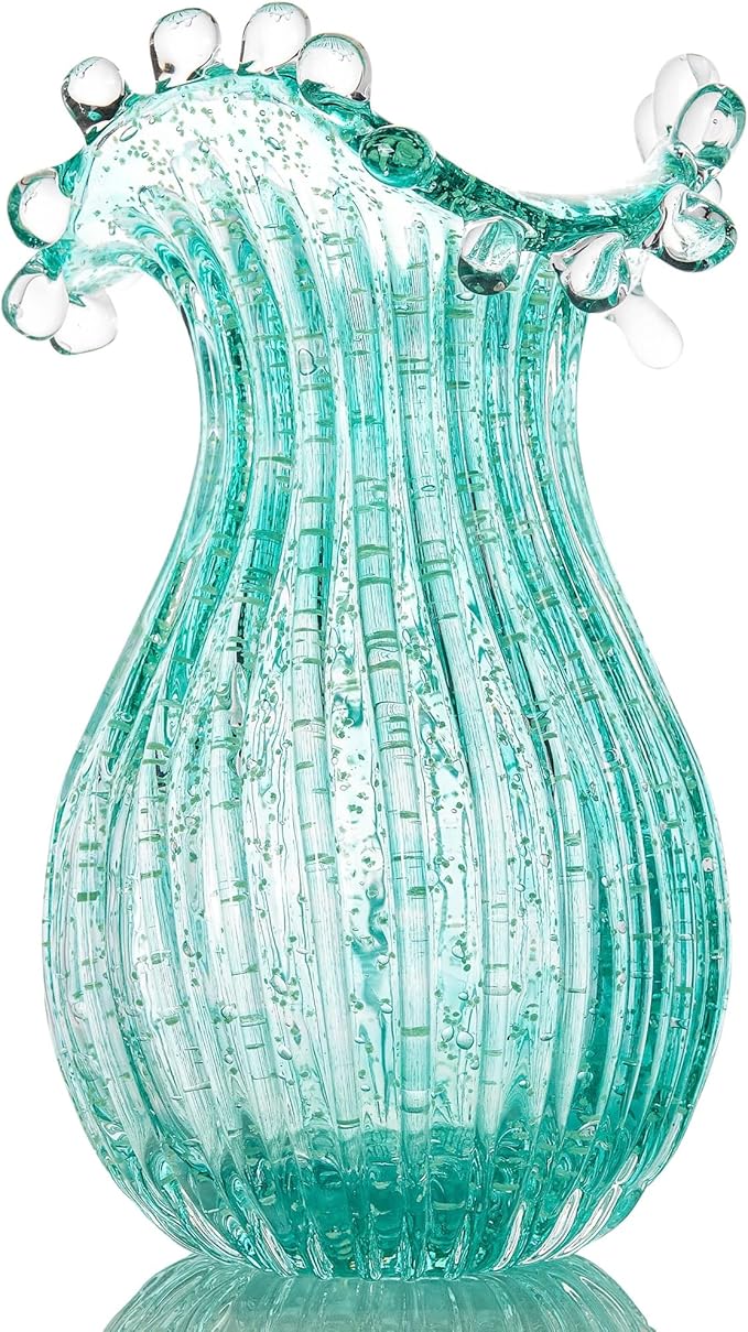 QFkris Hand Blown Glass Luminous Vase for Flowers 8" Teal Crystal Bubble Vases for Bouquet Home Decor Decorative Centerpieces Unique Gift for Christmas Valentines Day Birthday Housewarming Mothers Day