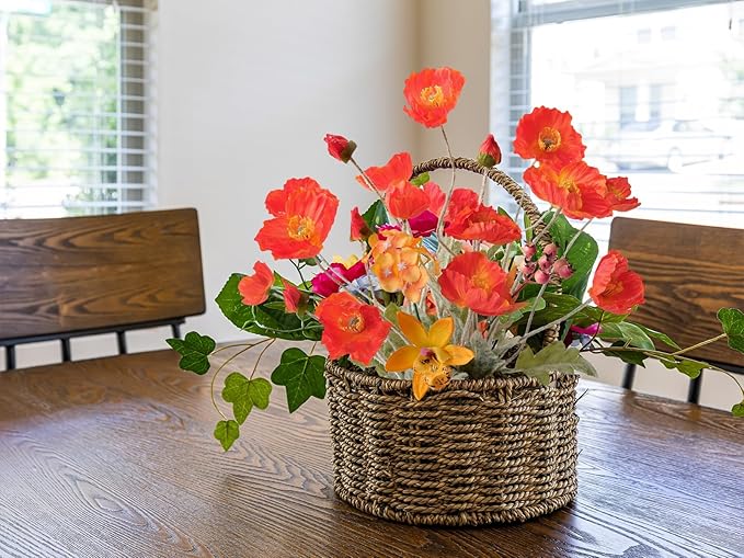 6PCS Dark Orange Poppy Flowers Artificial Silk Faux Poppies Bouquet with Long Stems for Outdoor Indoor Home Kitchen Halloween Fall Decor
