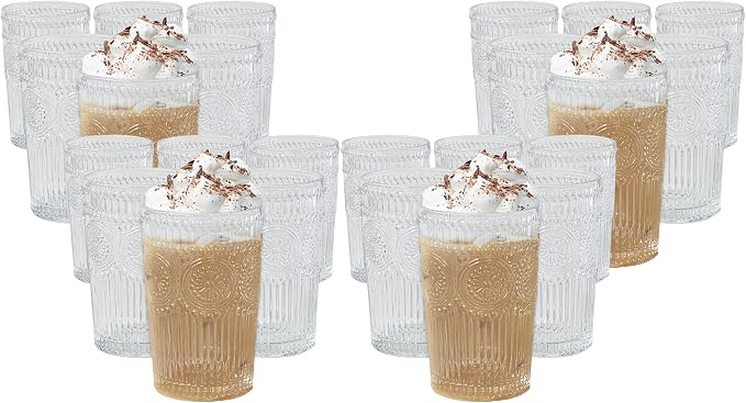 Kate Aspen Vintage Textured Clear Striped Drinking Glasses Set of 6, (13 oz) Ribbed Glassware with Flower Design | Cocktail Set, Glass Cups, Iced Coffee Cup (Pack of 4)