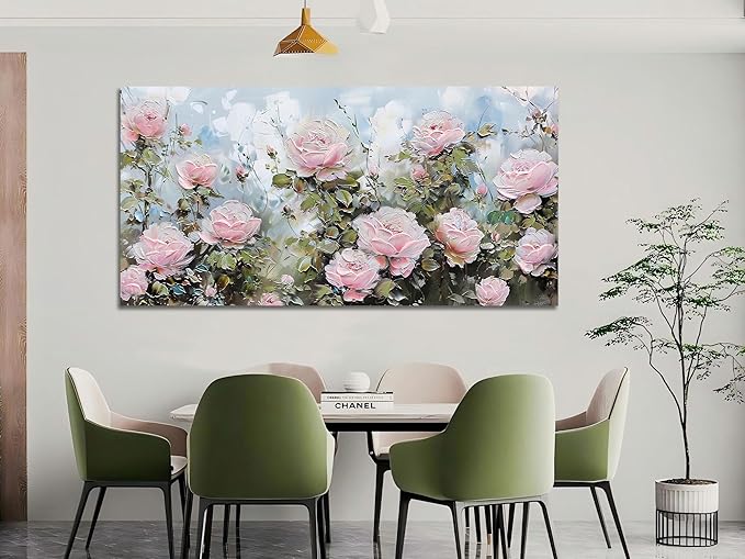 Ardemy Flower Wall Art Canvas Art Wall Decor, Floral Painting Textured Picture Living Room, Pink Rose Artwork Framed for Bedroom Kitchen Dining Room Home Office Decor Extra Large 58"x29"