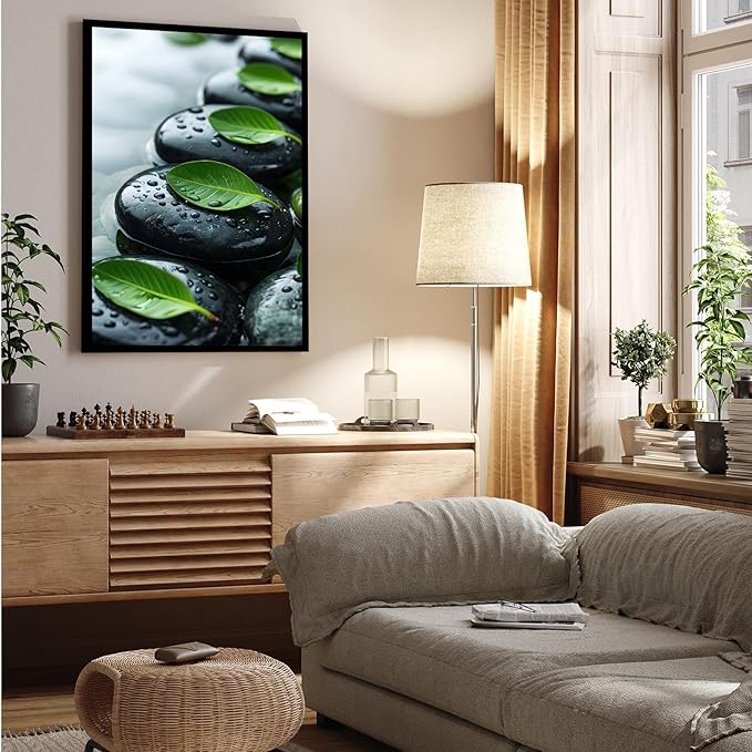Glittering black stone cluster with fresh green leaves and water drops poster tranquil mist rain wall art zen wall art suitable for modern minimalist home decor 8x12in Metal blackFramed