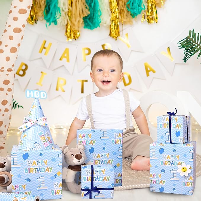 Altarho 1st Birthday Wrapping Paper Roll - Blue Happy Birthday with Balloon Gift Wrap Sheets for Kids Boys Baby Shower Party Decoration Celebration Total 28.5sq.ft