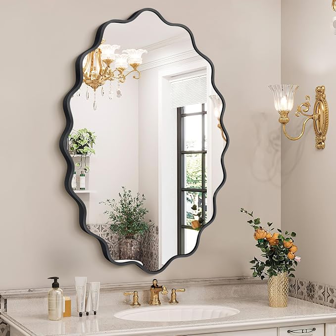 Oval Wavy Wall Mirror -Irregular Wall Mirror with Black Asymmetrical Aluminum Alloy Frame,22"x30" Decorative Wall Mirrors for Bathroom, Bedroom, Living Room, Dining Room，Entryway