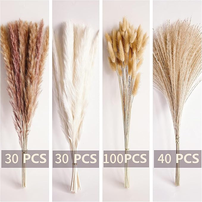 200 PCS Small Boho Pampas Grass, 17" Naturally Dried Pompas, Pampas Grass Decor for Wedding , Boho Party Decorations, Table Decor（Brown and White）