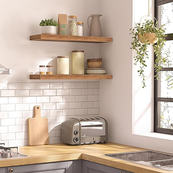 HOOBRO Floating Shelves for Wall, Wall Mounted Shelf Set of 2, 23.6" Hanging Shelf with Invisible Brackets, for Wall Decor Storage in Bathroom Bedroom Kitchen Living Room Office, Rustic Brown BF60BJ01