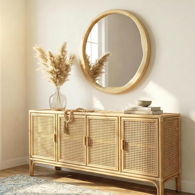 Natural Wood Round Mirror 24 Inch, Solid Wood Framed Wall Mirror with Irregular Wavy Inner Edge for Bathroom Vanity, Bedroom & Boho Decor