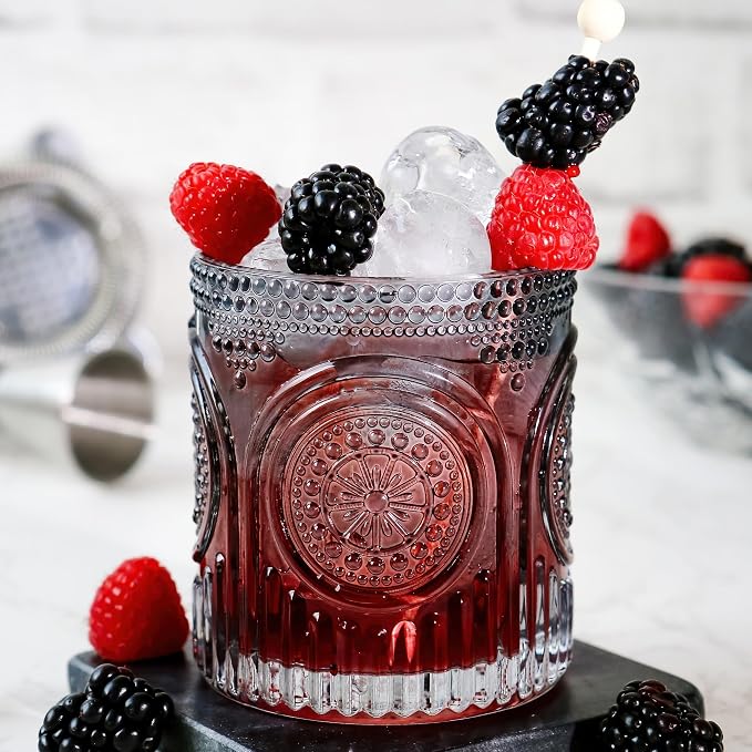 Ribbed Retro Arch Floral Smoke Grey Drinking Glasses Set of 6, (10 oz) Vintage Glassware Set by Kate Aspen| Cocktail Glass Set, Juice Glass, Water Cups | Hostess Gift & Present for New Home Owners