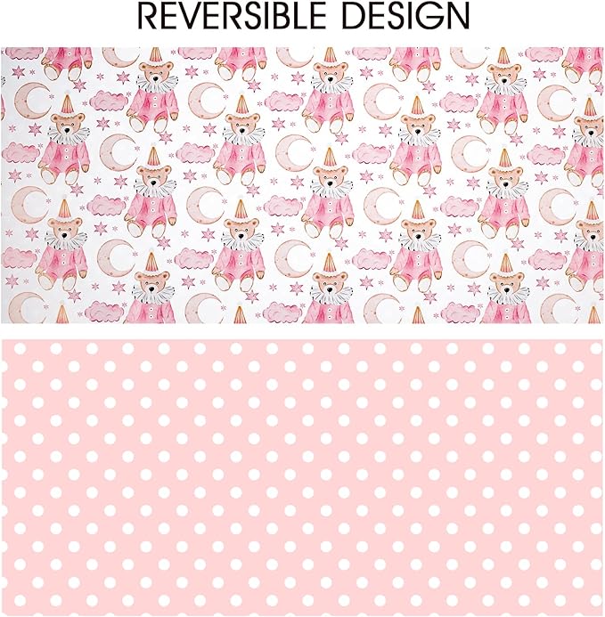 HOMERAL Pink Baby Girl Wrapping Paper Roll - Teddy Bear in Romper & Party Hat with Moon, Star & Cloud Design, Pink Reversible Gift Wrap for Baby Shower, Girls Birthday, Gender Reveal Party - 17 Inch x 33 Feet