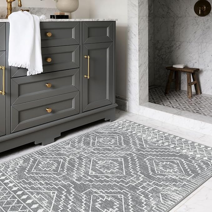 Wonnitar Moroccan Area Rugs 3x5, Gray Washable Entry Rug,Non-Slip Boho Small Bedroom Throw Mat, Non-Shedding Farmhouse Soft Low Pile Floor Carpet for Kitchen Bathroom Living Room (Silver Grey,3'x5')