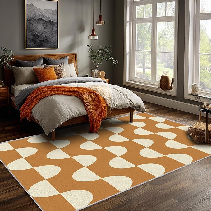 Caramel Dot Wave Area Rug 4 x 6 ft, Mid-Century Modern Geometric Rug, Brown Cream Abstract Washable Rug, Soft Low Pile Non-Slip Carpet for Living Room Bedroom Dining Room