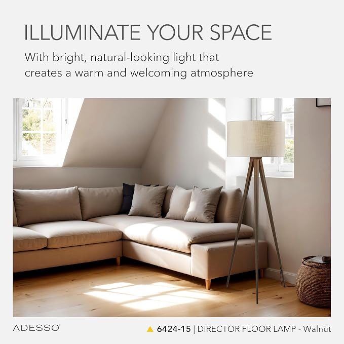 Adesso Floor Lamp with Walnut Rosewood Veneer and Beige Fabric Lampshade – 3-Way Adjustable Brightness, Lamp for Bedroom, Living Room, and House Décor, 60.25” x 21”